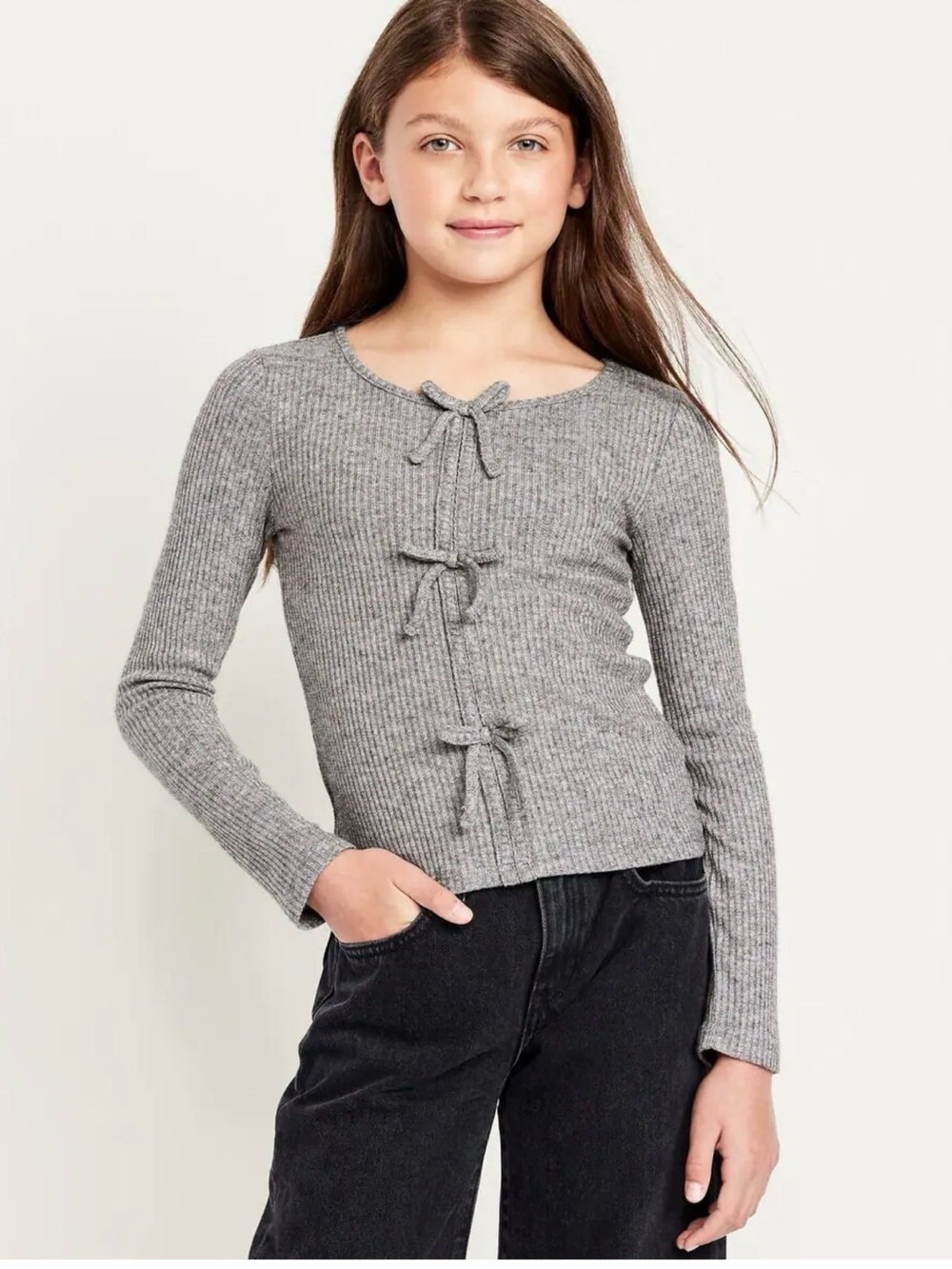 Old Navy Gray Ribbed Crewneck Sweater Shimmer with Front Tie Bows NWT Sz 6-7